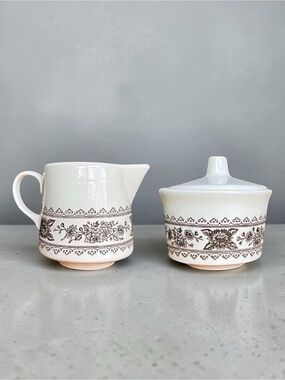 Vintage Royal China USA Hampshire Ceramic Creamer Sugar Bowl Set Brown Floral